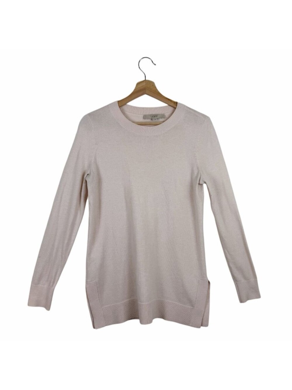 LOFT Pullover Sweater Tunic Top Size Small Baby Pink Fine Knit Hem Slit 70279